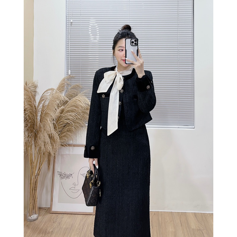 23-0631 Set dạ tweed viền nhung áo và chân váy bút chì