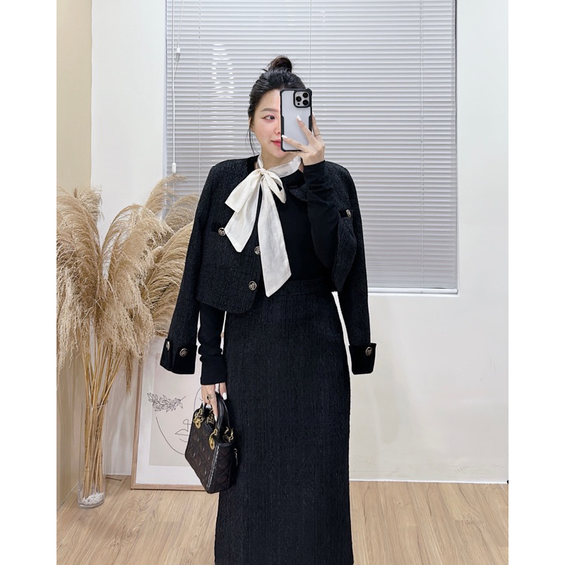 23-0631 Set dạ tweed viền nhung áo và chân váy bút chì