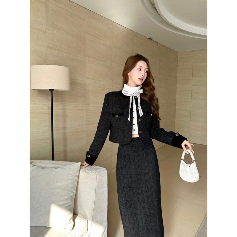 23-0631 Set dạ tweed viền nhung áo và chân váy bút chì