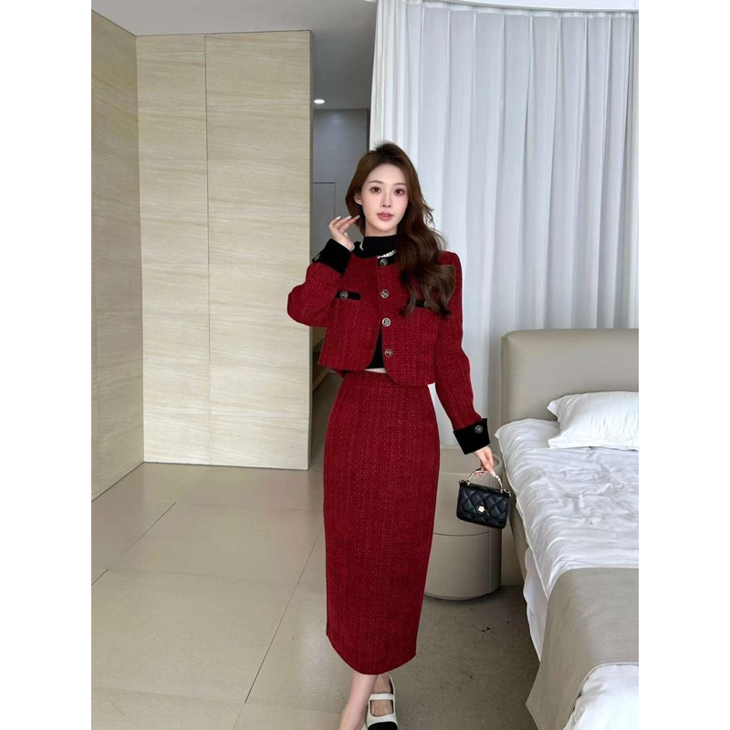 23-0631 Set dạ tweed viền nhung áo và chân váy bút chì