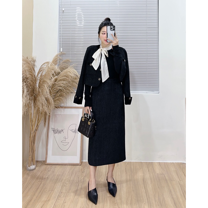 23-0631 Set dạ tweed viền nhung áo và chân váy bút chì