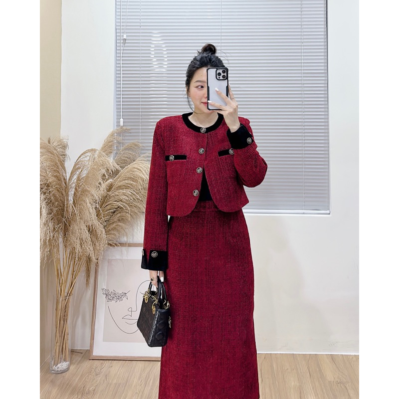 23-0631 Set dạ tweed viền nhung áo và chân váy bút chì