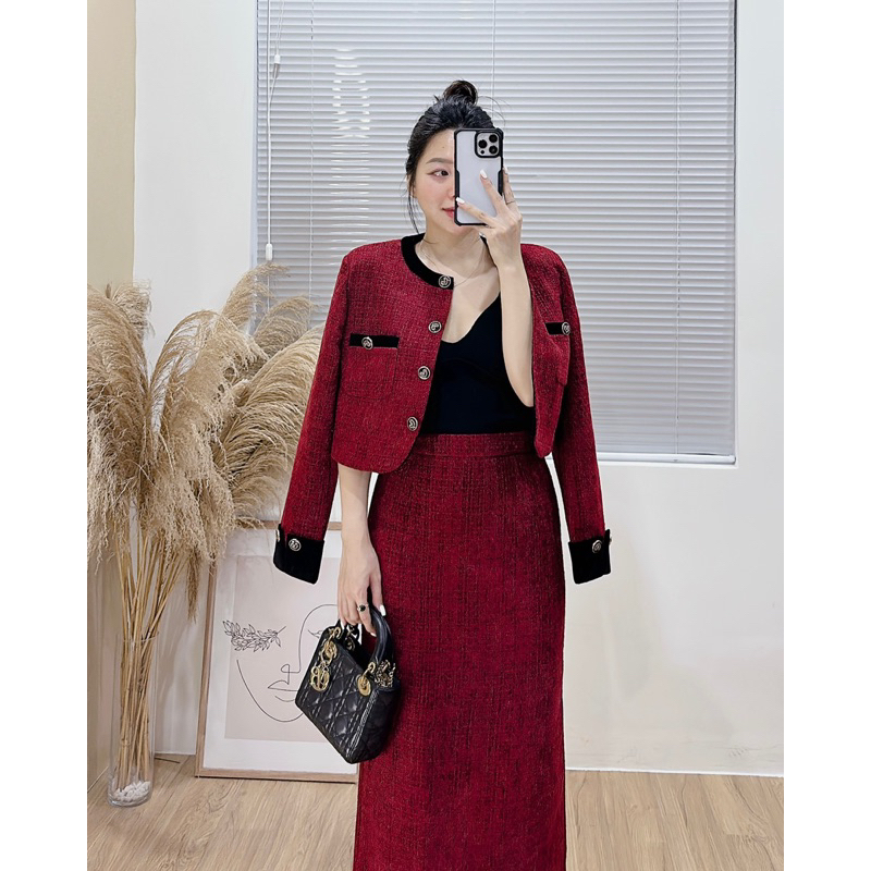 23-0631 Set dạ tweed viền nhung áo và chân váy bút chì