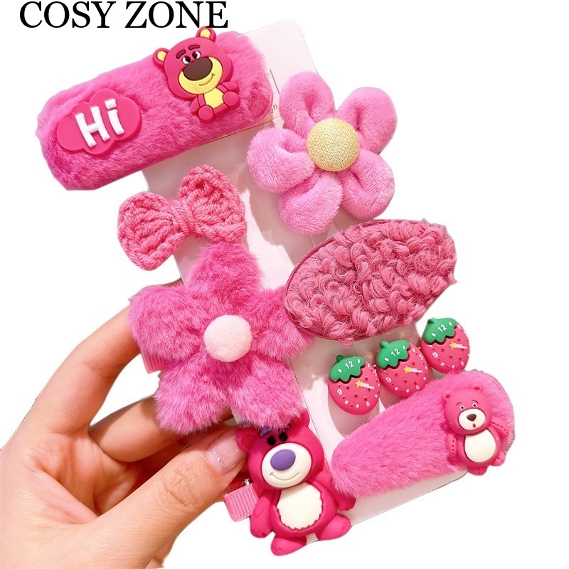 Sét Kẹp Tóc Hình Gấu / Dâu Tây Bằng Lông Nhung Dễ Thương Xinh Xắn Thời Trang Xuân Hè