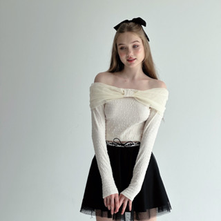  LACE top áo trễ vai phối nơ AGUJA 