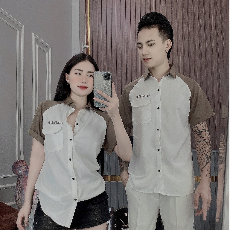 Áo Sơ Mi Tay Ngắn Vải Lụa Hàn Quốc Dày Dặn Thoáng Mát Áo Đôi Phối Màu Chuẩn Đẹp.