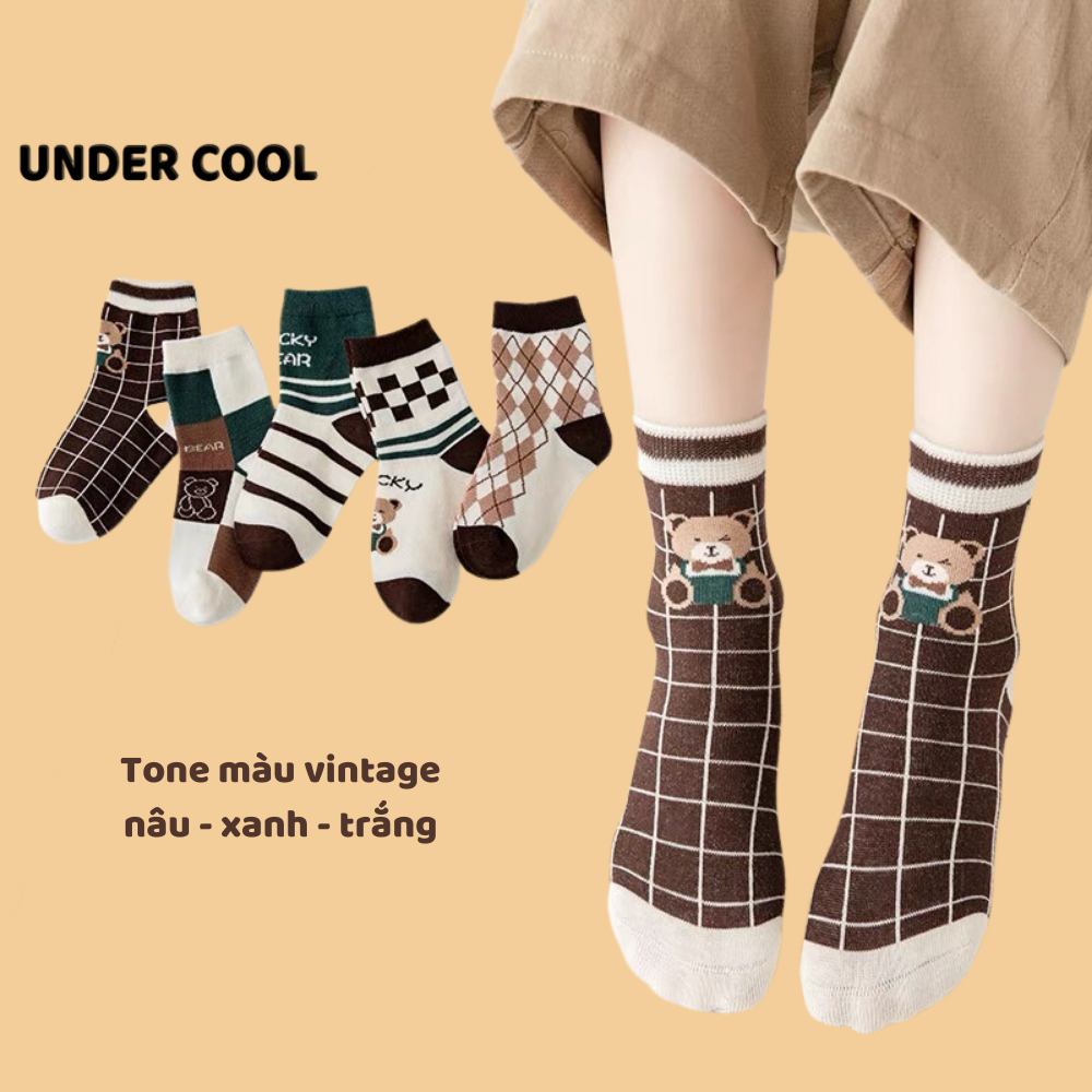 Set 5 Tất Trẻ Em UNDERCOOL Hoạ Tiết Gấu Kẻ Caro Tone Nâu