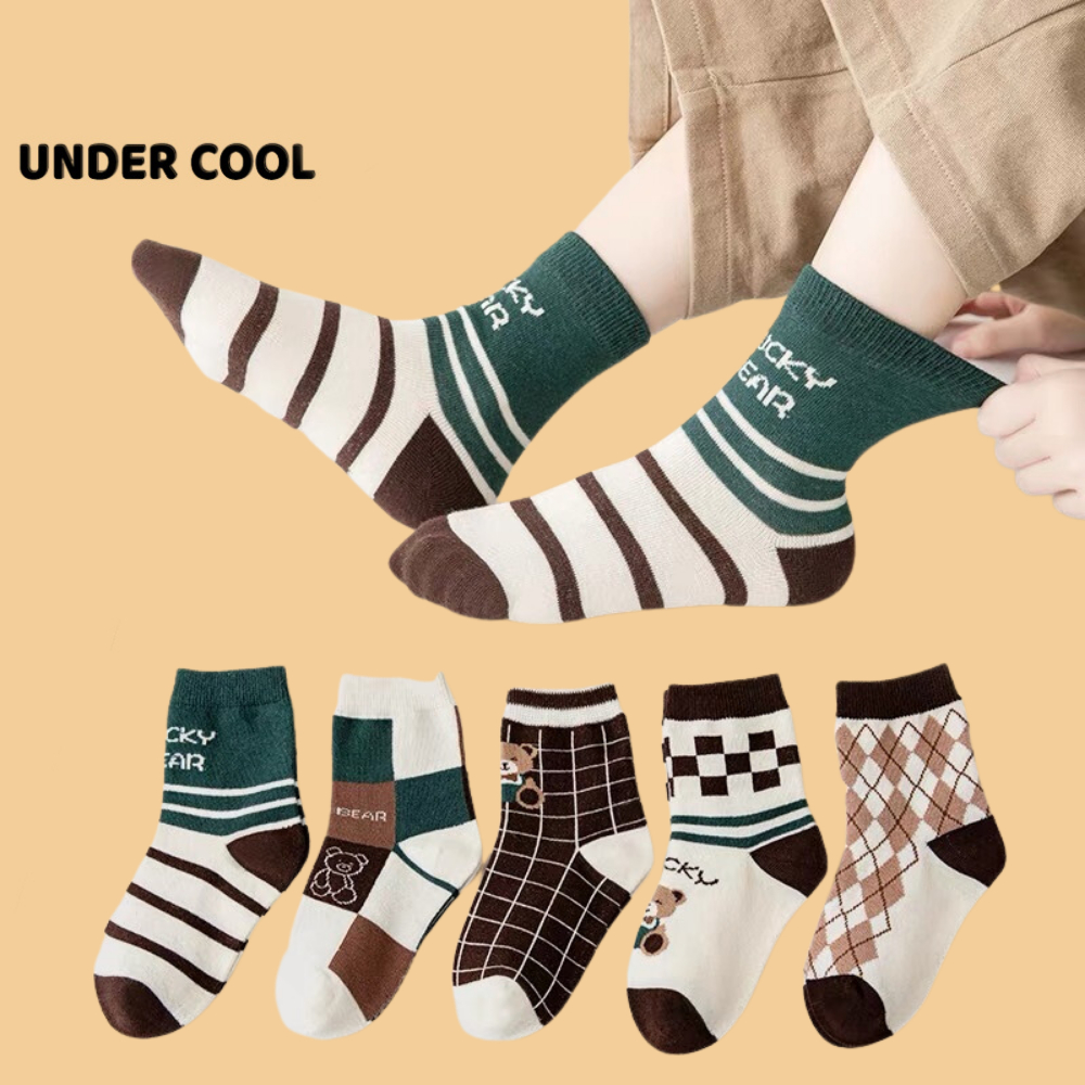 Set 5 Tất Trẻ Em UNDERCOOL Hoạ Tiết Gấu Kẻ Caro Tone Nâu