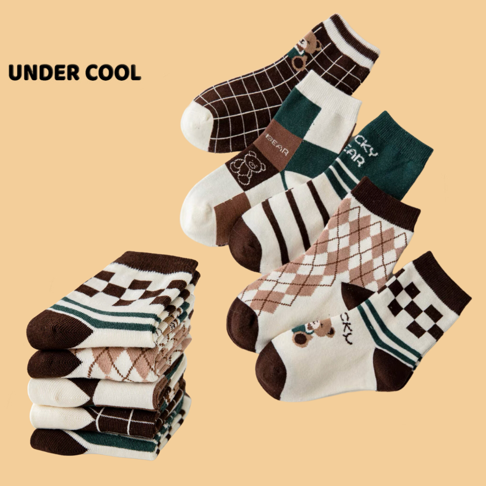 Set 5 Tất Trẻ Em UNDERCOOL Hoạ Tiết Gấu Kẻ Caro Tone Nâu