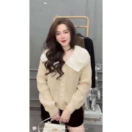 Áo len cadigan cúc bọc cổ bèo tơ