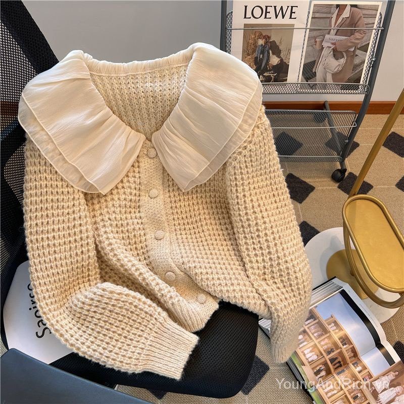 Áo len cadigan cúc bọc cổ bèo tơ