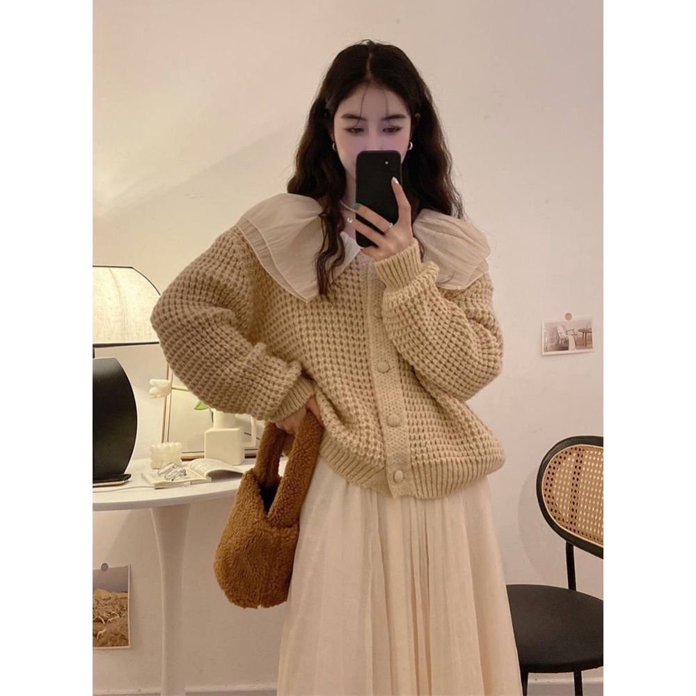 Áo len cadigan cúc bọc cổ bèo tơ