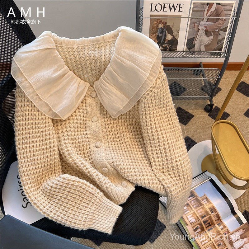 Áo len cadigan cúc bọc cổ bèo tơ