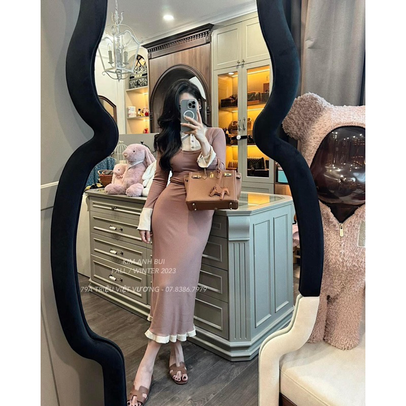 Váy len tăm body dáng dài kèm belt