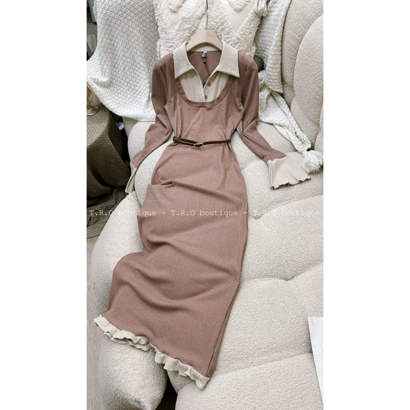 Váy len tăm body dáng dài kèm belt