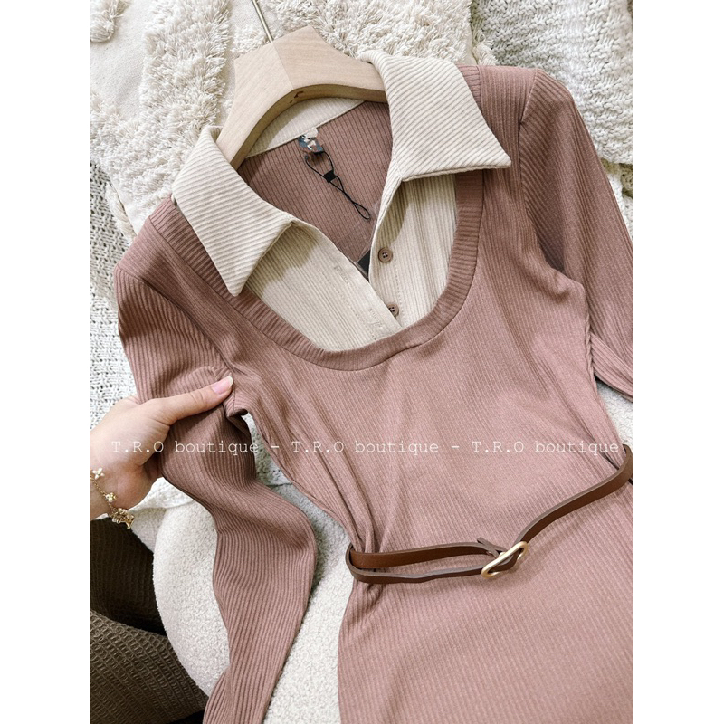 Váy len tăm body dáng dài kèm belt