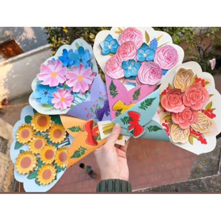 Set 10 thiệp hoa giấy cứng kèm 10 tờ rời cho bé dán tạo thiệp 3D