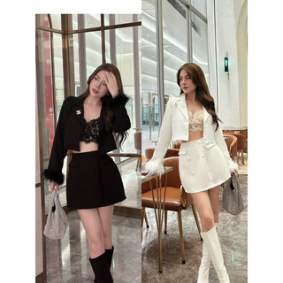 Set Váy đầm nữ Quảng Châu áo vest croptop tay phối lông kèm chân váy