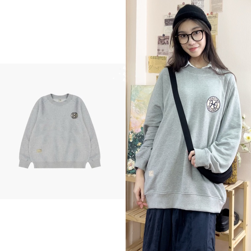 Áo sweater 52RETRO xám tiêu nỉ chân cua logo thêu basic