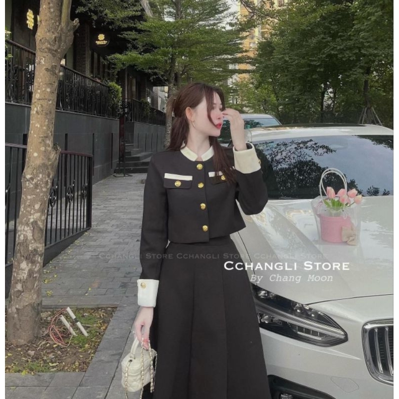 Sét Váy Dạ Tweet Mix Chân Váy Xòe Dáng Dài Size S M - Halinh Shop - Sét Áo Dạ Cúc Đồng Phối Tay Nhung Đen Hàng Loại 1