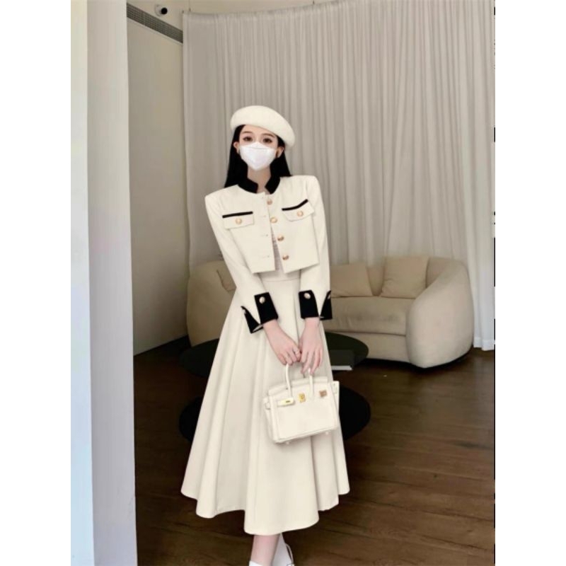 Sét Váy Dạ Tweet Mix Chân Váy Xòe Dáng Dài Size S M - Halinh Shop - Sét Áo Dạ Cúc Đồng Phối Tay Nhung Đen Hàng Loại 1