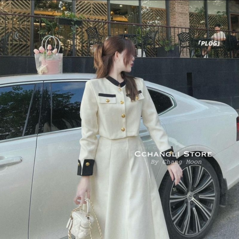 Sét Váy Dạ Tweet Mix Chân Váy Xòe Dáng Dài Size S M - Halinh Shop - Sét Áo Dạ Cúc Đồng Phối Tay Nhung Đen Hàng Loại 1