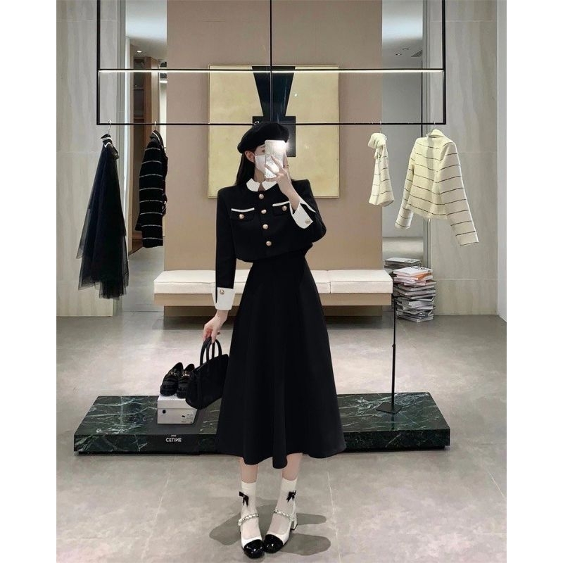 Sét Váy Dạ Tweet Mix Chân Váy Xòe Dáng Dài Size S M - Halinh Shop - Sét Áo Dạ Cúc Đồng Phối Tay Nhung Đen Hàng Loại 1