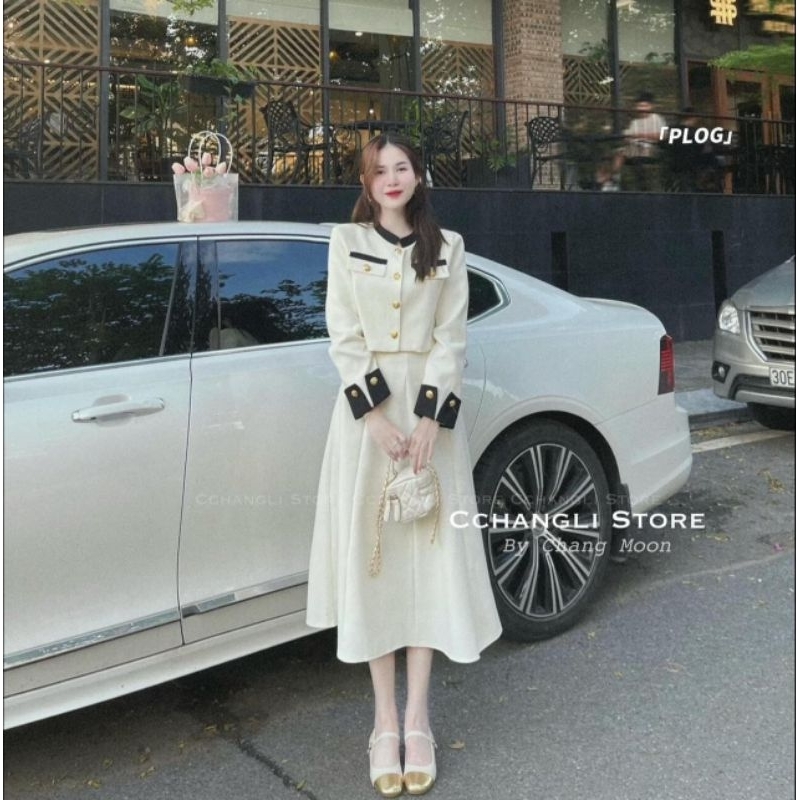 Sét Váy Dạ Tweet Mix Chân Váy Xòe Dáng Dài Size S M - Halinh Shop - Sét Áo Dạ Cúc Đồng Phối Tay Nhung Đen Hàng Loại 1