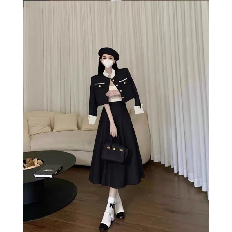 Sét Váy Dạ Tweet Mix Chân Váy Xòe Dáng Dài Size S M - Halinh Shop - Sét Áo Dạ Cúc Đồng Phối Tay Nhung Đen Hàng Loại 1