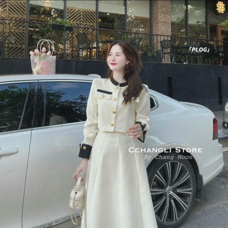 Sét Váy Dạ Tweet Mix Chân Váy Xòe Dáng Dài Size S M - Halinh Shop - Sét Áo Dạ Cúc Đồng Phối Tay Nhung Đen Hàng Loại 1