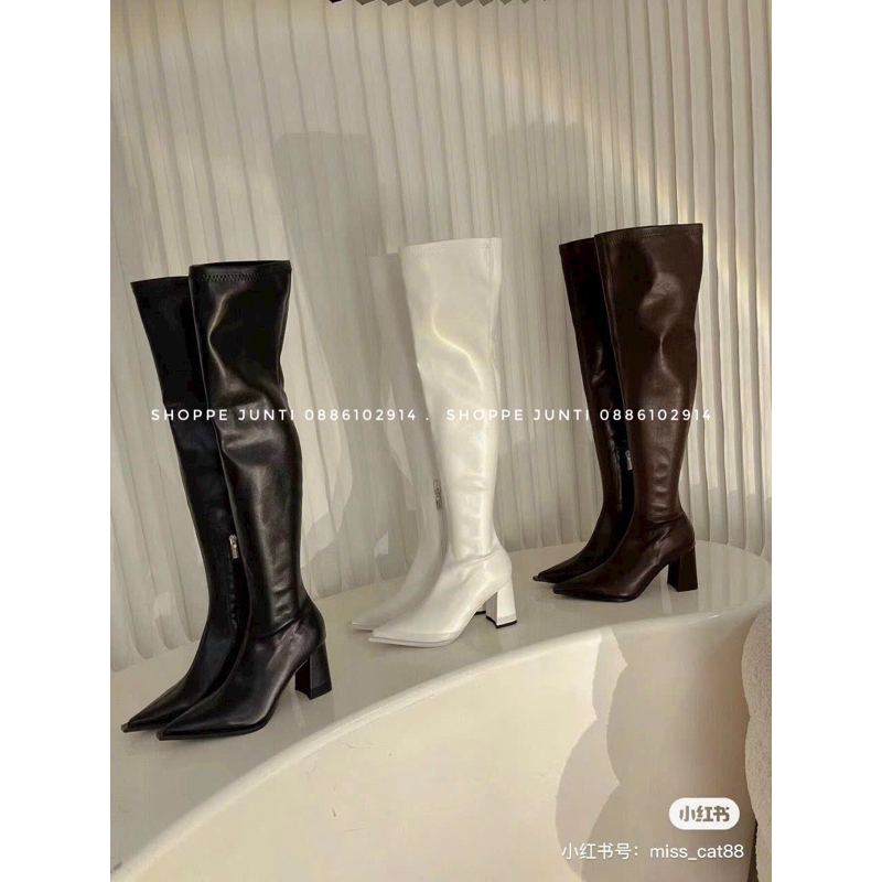 Bốt đùi da 8P quá gối Âu Mỹ gót vuông mũi nhọn sang chảnh junshoes