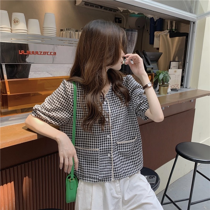 Áo sơ mi kẻ ka ro viền ren ,áo sơ mi DOM.studio tay ngắn chất liệu cotton