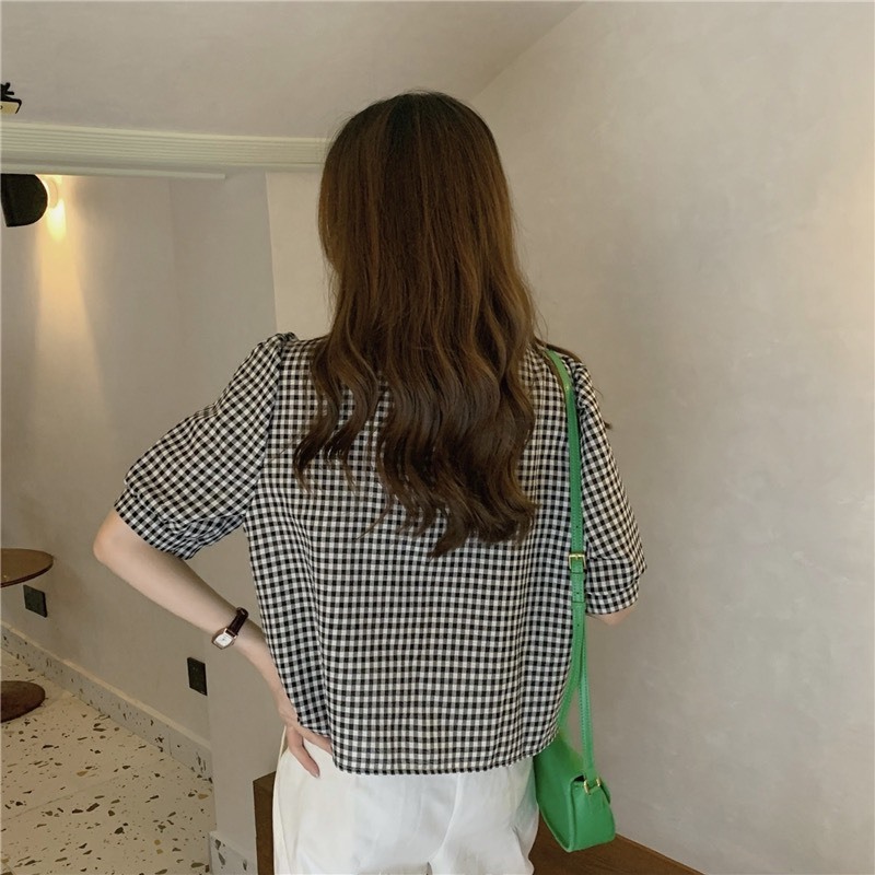 Áo sơ mi kẻ ka ro viền ren ,áo sơ mi DOM.studio tay ngắn chất liệu cotton