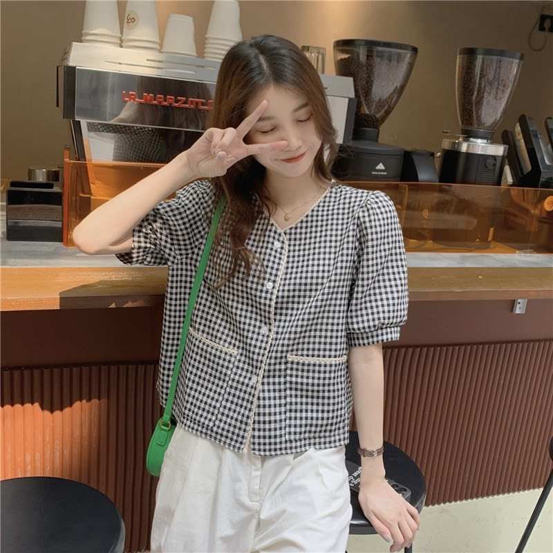 Áo sơ mi kẻ ka ro viền ren ,áo sơ mi DOM.studio tay ngắn chất liệu cotton