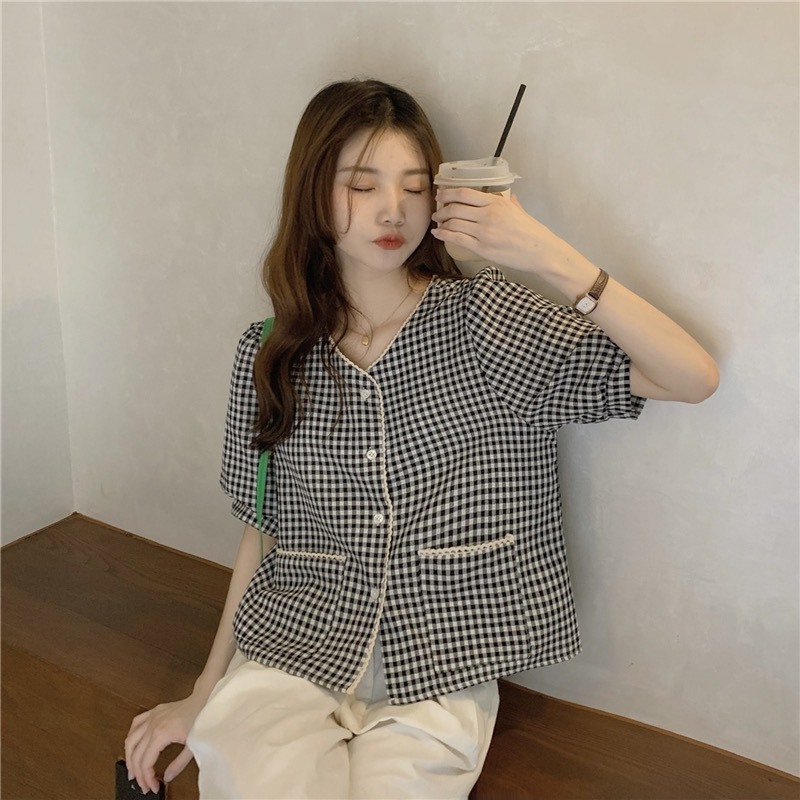 Áo sơ mi kẻ ka ro viền ren ,áo sơ mi DOM.studio tay ngắn chất liệu cotton