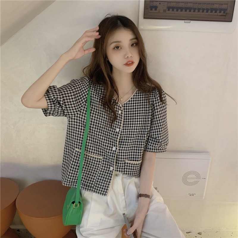 Áo sơ mi kẻ ka ro viền ren ,áo sơ mi DOM.studio tay ngắn chất liệu cotton