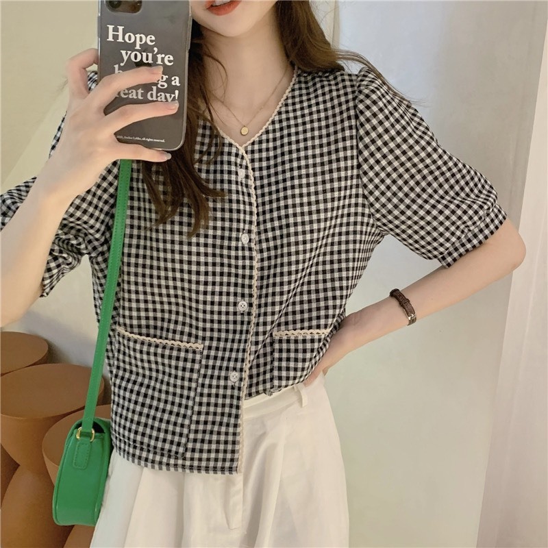 Áo sơ mi kẻ ka ro viền ren ,áo sơ mi DOM.studio tay ngắn chất liệu cotton