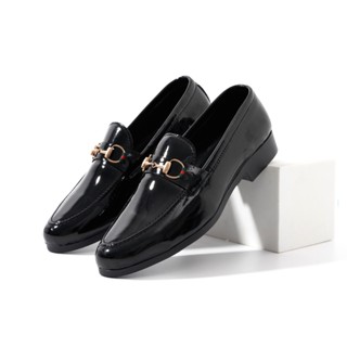 Giày nam da bóng | Đính mác G.C quai ngang màu xanh | đế cao su đúc