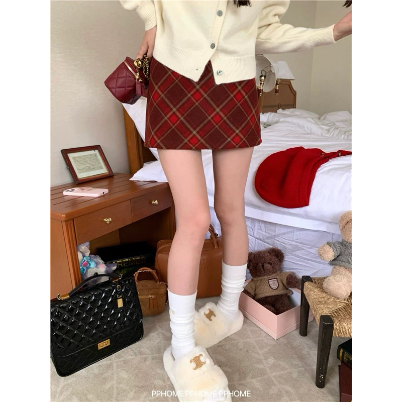 Váy chữ A kẻ sọc váy len kẻ sọc mùa thu đông váy len cạp cao dày dành cho nữ