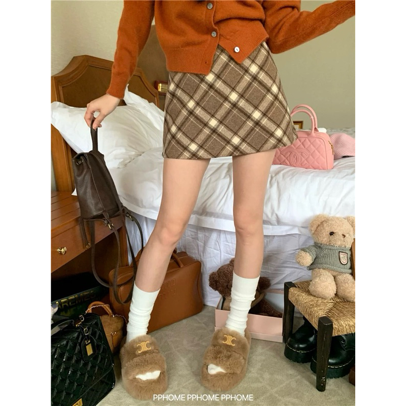 Váy chữ A kẻ sọc váy len kẻ sọc mùa thu đông váy len cạp cao dày dành cho nữ