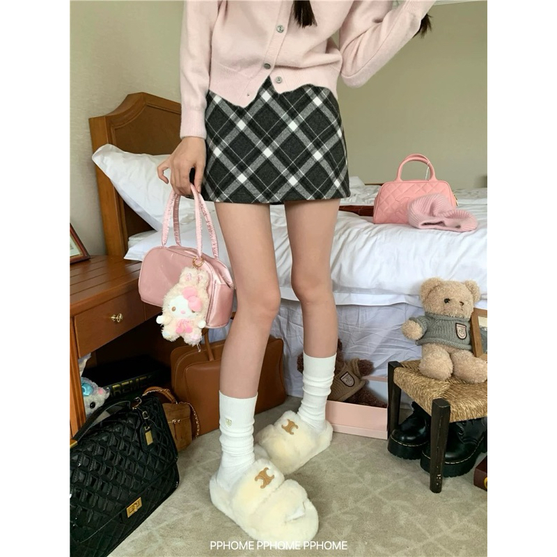 Váy chữ A kẻ sọc váy len kẻ sọc mùa thu đông váy len cạp cao dày dành cho nữ