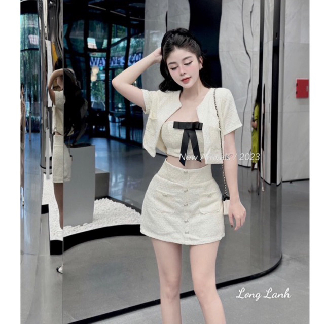 Set váy dạ tweed kim tuyến 3 chi tiết hàng thiết kế cao cấp