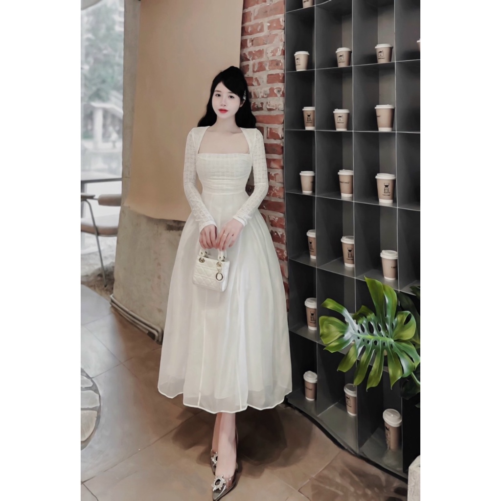 Váy cổ vuông cup ngực tay dài dáng xoè kèm tag đá