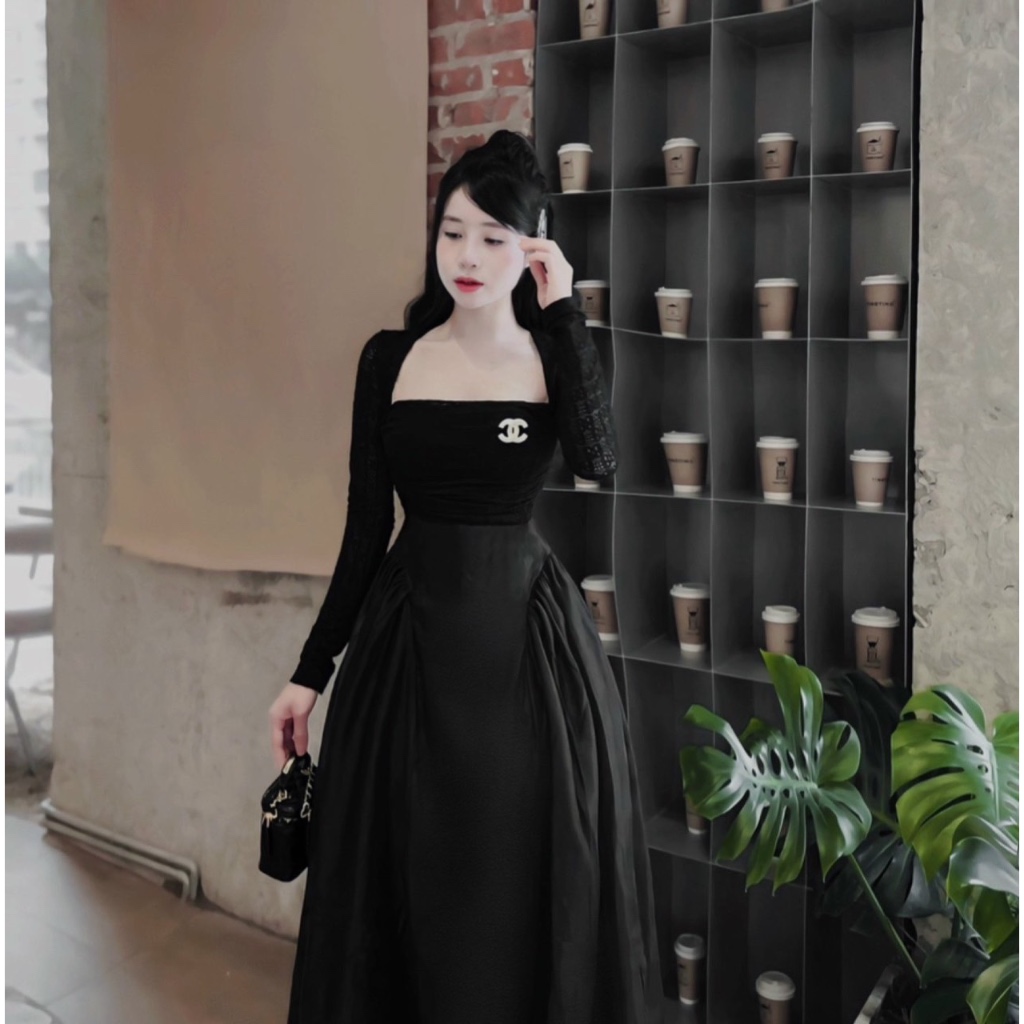 Váy cổ vuông cup ngực tay dài dáng xoè kèm tag đá