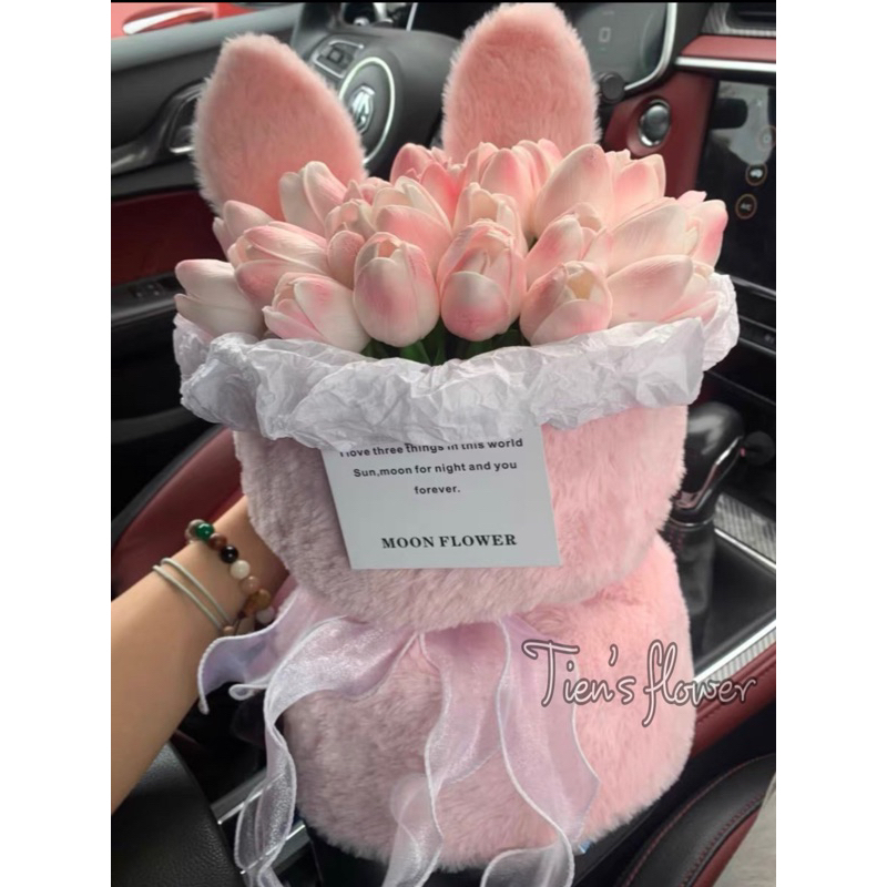 Bó hoa sáp tulip tai Thỏ Bunny kèm túi siêu xinh làm quà tặng sinh nhật của mẹ 20/10 14/2 8/3 kèm túi thiệp đèn L66