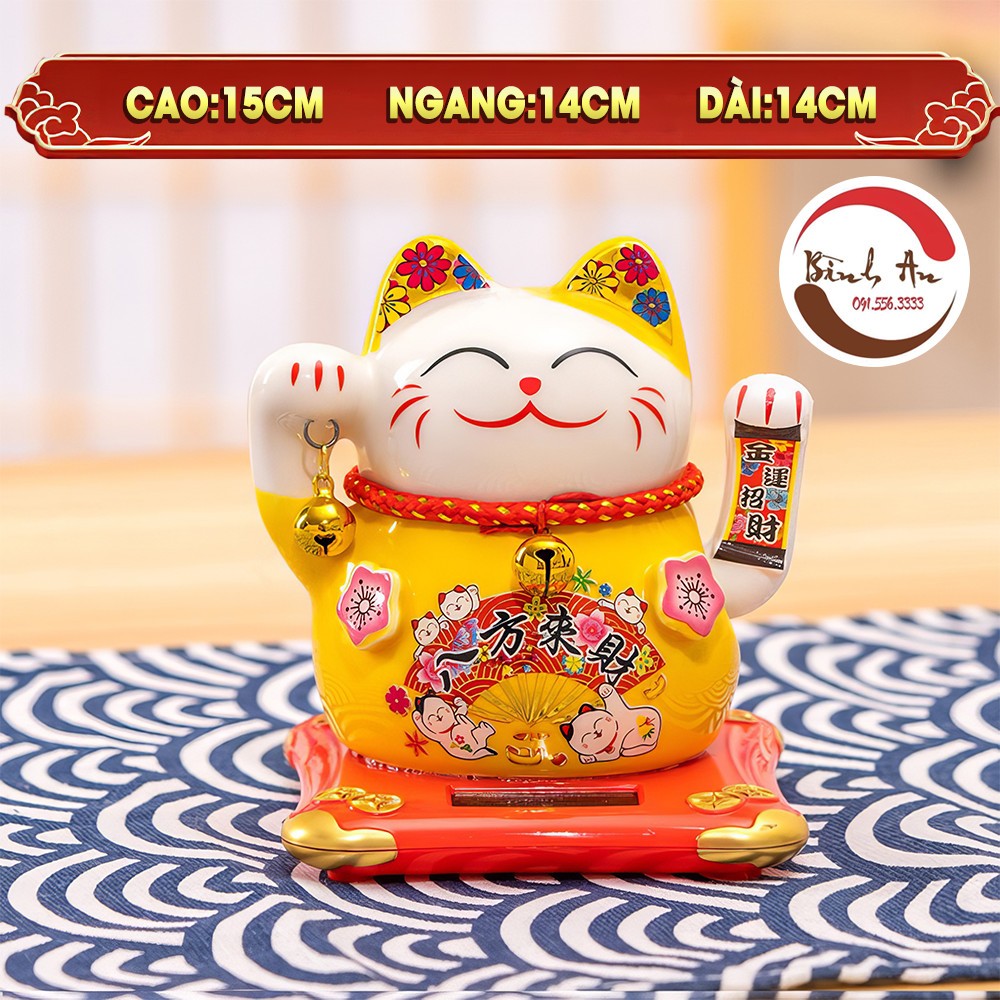 Mèo Thần Tài Bình An Mèo May Mắn Sử Dụng Năng Lượng Mặt Trời Bằng Sứ Cao Cấp 11-14 cm