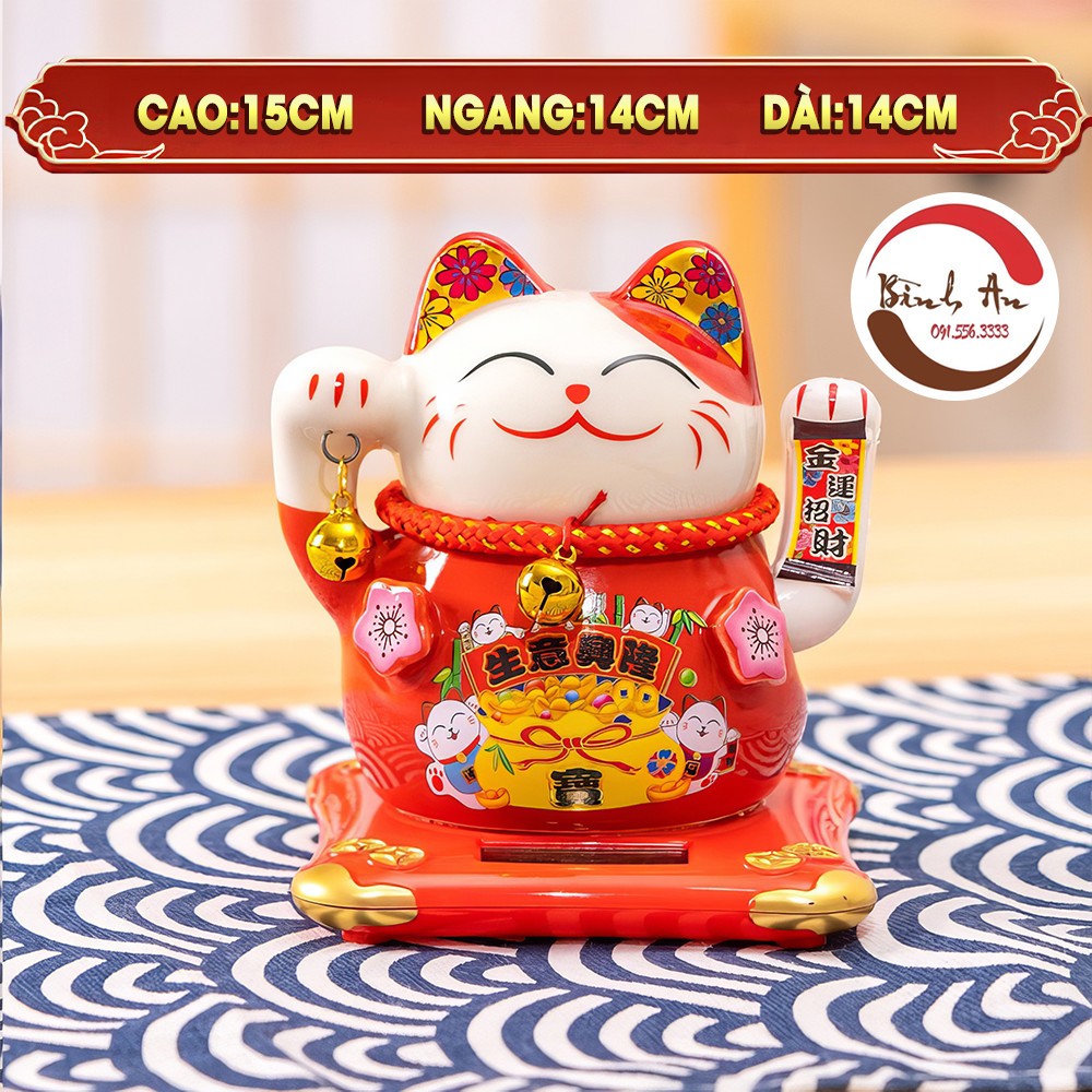 Mèo Thần Tài Bình An Mèo May Mắn Sử Dụng Năng Lượng Mặt Trời Bằng Sứ Cao Cấp 11-14 cm
