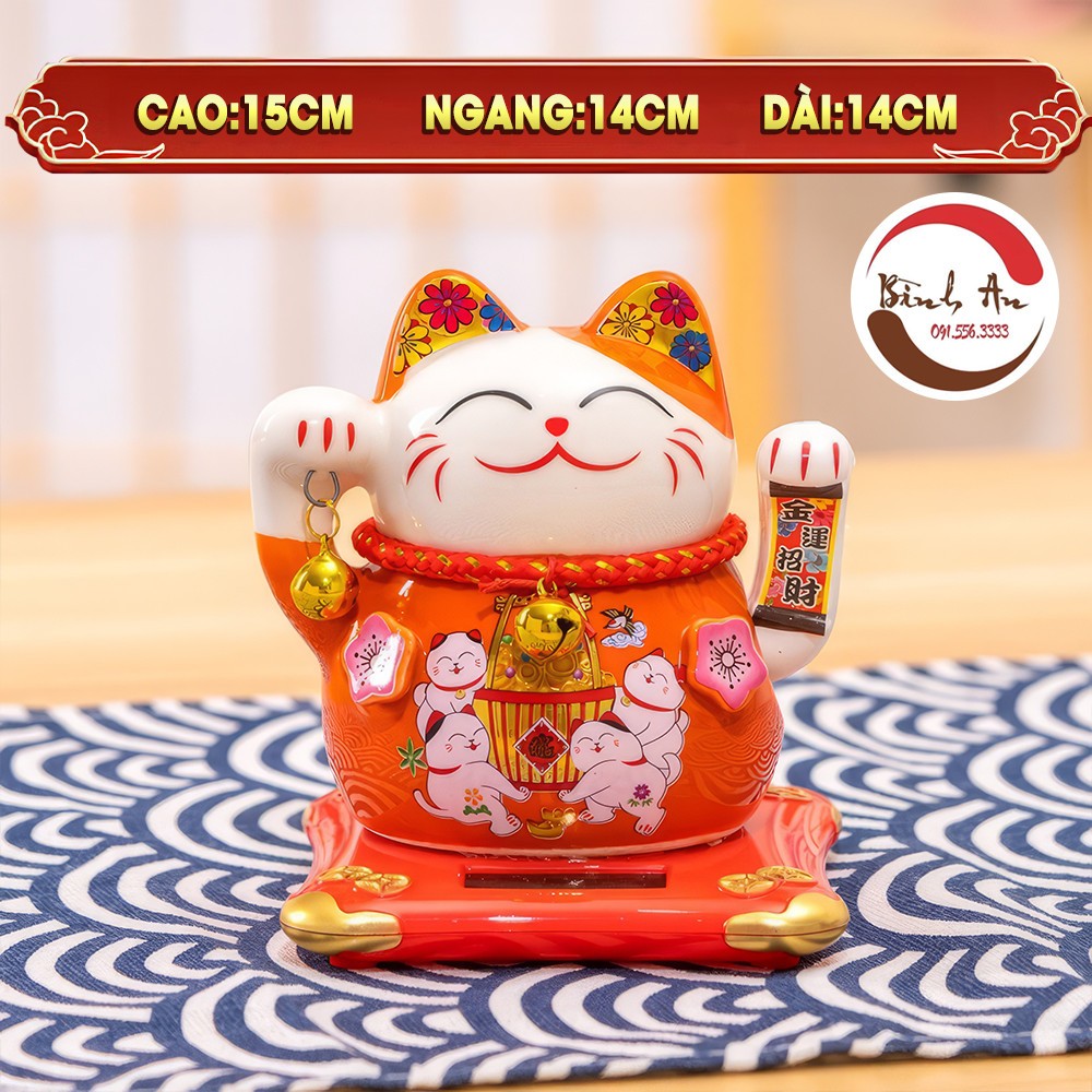 Mèo Thần Tài Bình An Mèo May Mắn Sử Dụng Năng Lượng Mặt Trời Bằng Sứ Cao Cấp 11-14 cm