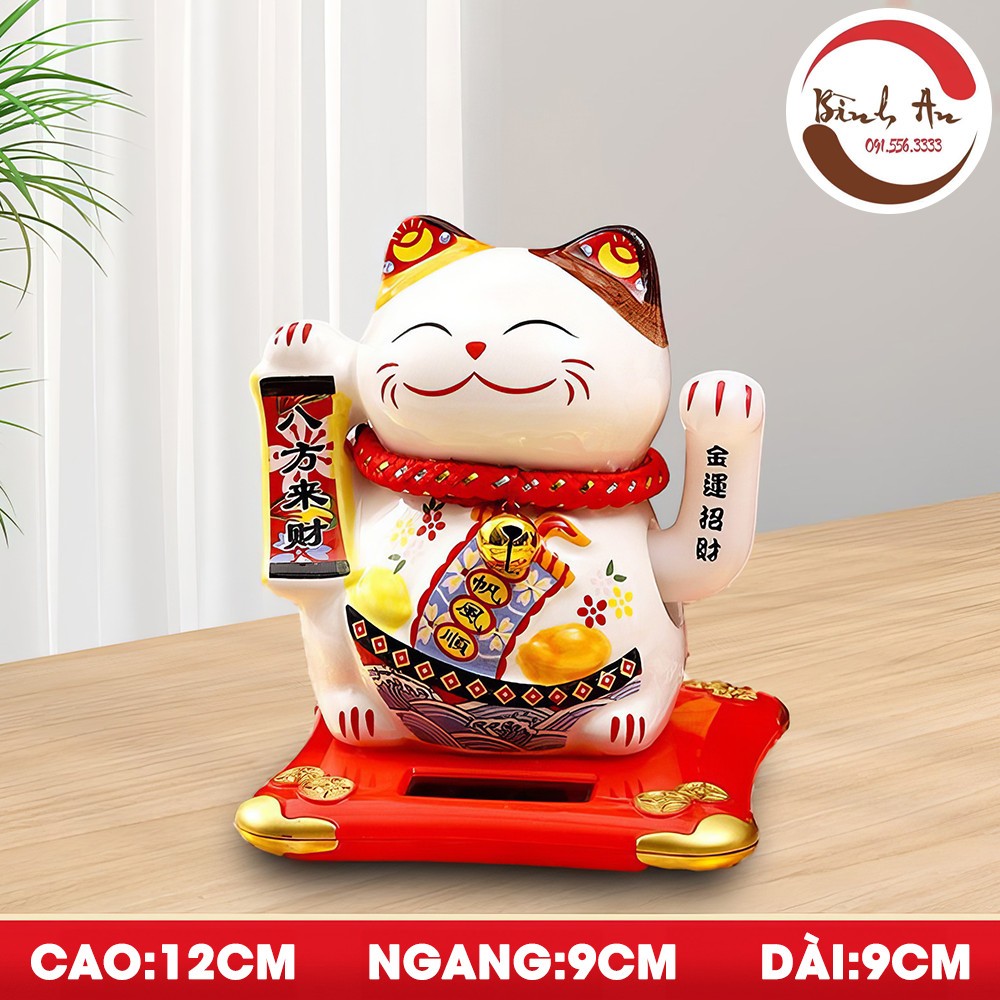 Mèo Thần Tài Bình An Mèo May Mắn Sử Dụng Năng Lượng Mặt Trời Bằng Sứ Cao Cấp 11-14 cm
