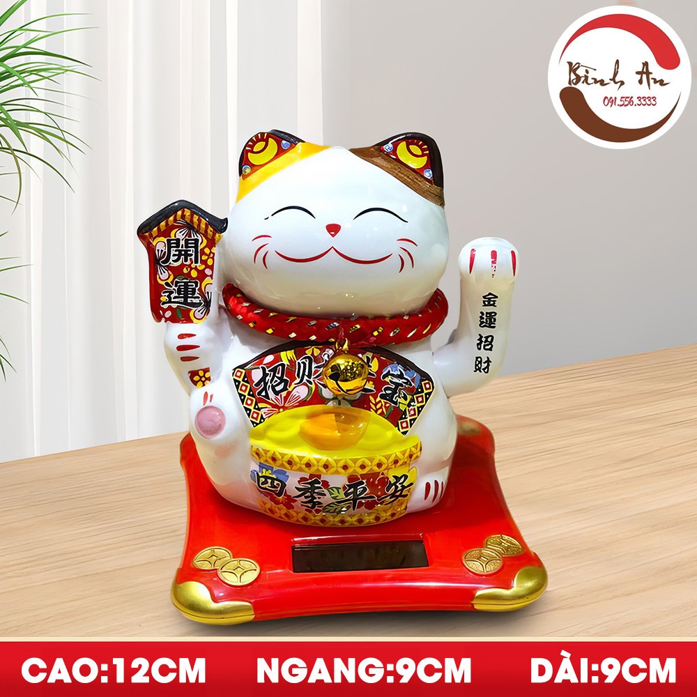 Mèo Thần Tài Bình An Mèo May Mắn Sử Dụng Năng Lượng Mặt Trời Bằng Sứ Cao Cấp 11-14 cm